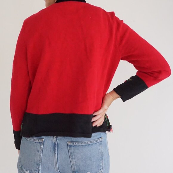 Vintage Tiara Intl Red Black Holly Cardinal Mistletoe Zip Up Christmas Sweater L - Picture 2 of 10